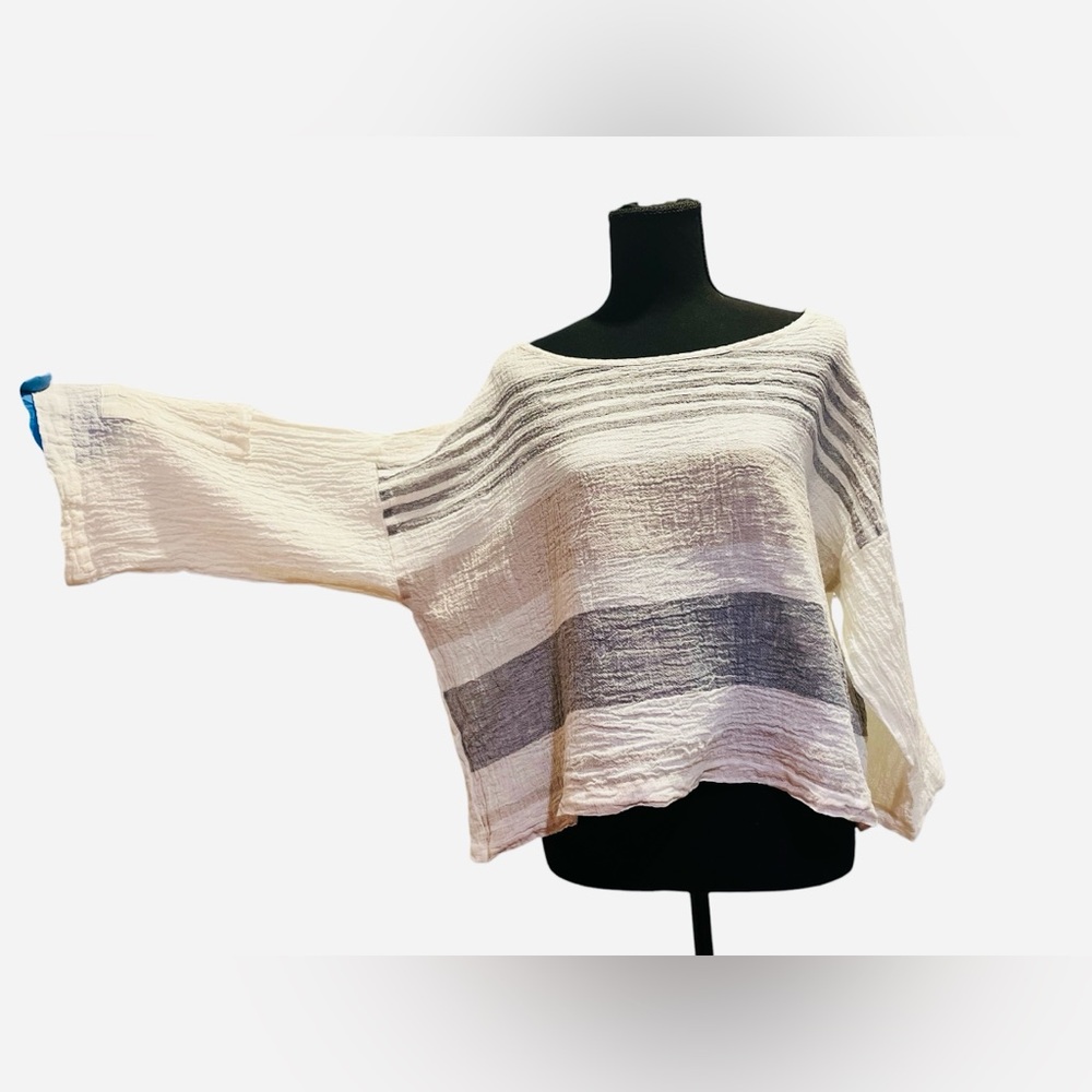 LUUKAA Linen Blend Beige Gray Stripe Sleeve Pocket Crop Top Shirt US 8/ EU 38